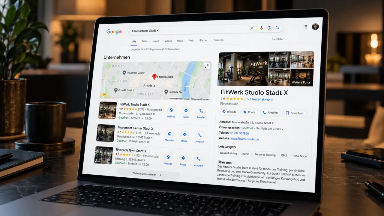 Google-Unternehmensprofil für Fitnessstudio [Stadt] und die Google-Karte