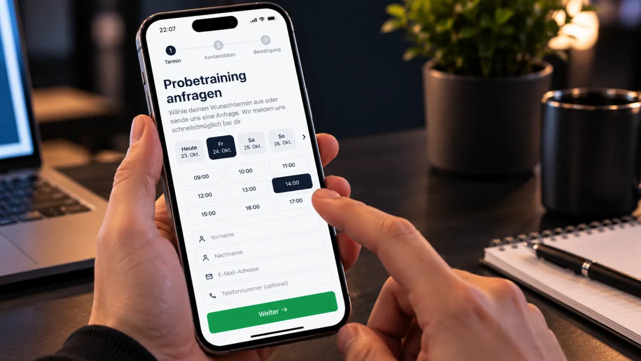 Probetraining-Buchung, die abends um 22 Uhr funktioniert