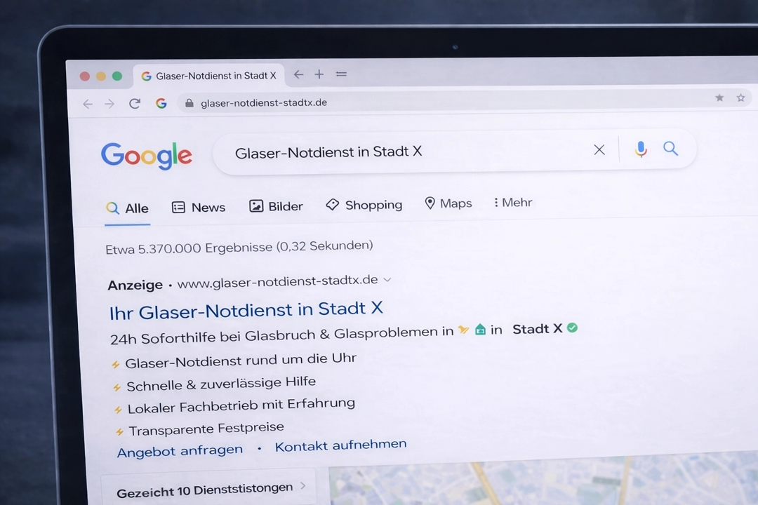 Google Ads Notdienst-Kampagne für Glasereien mit sofortiger Reichweite