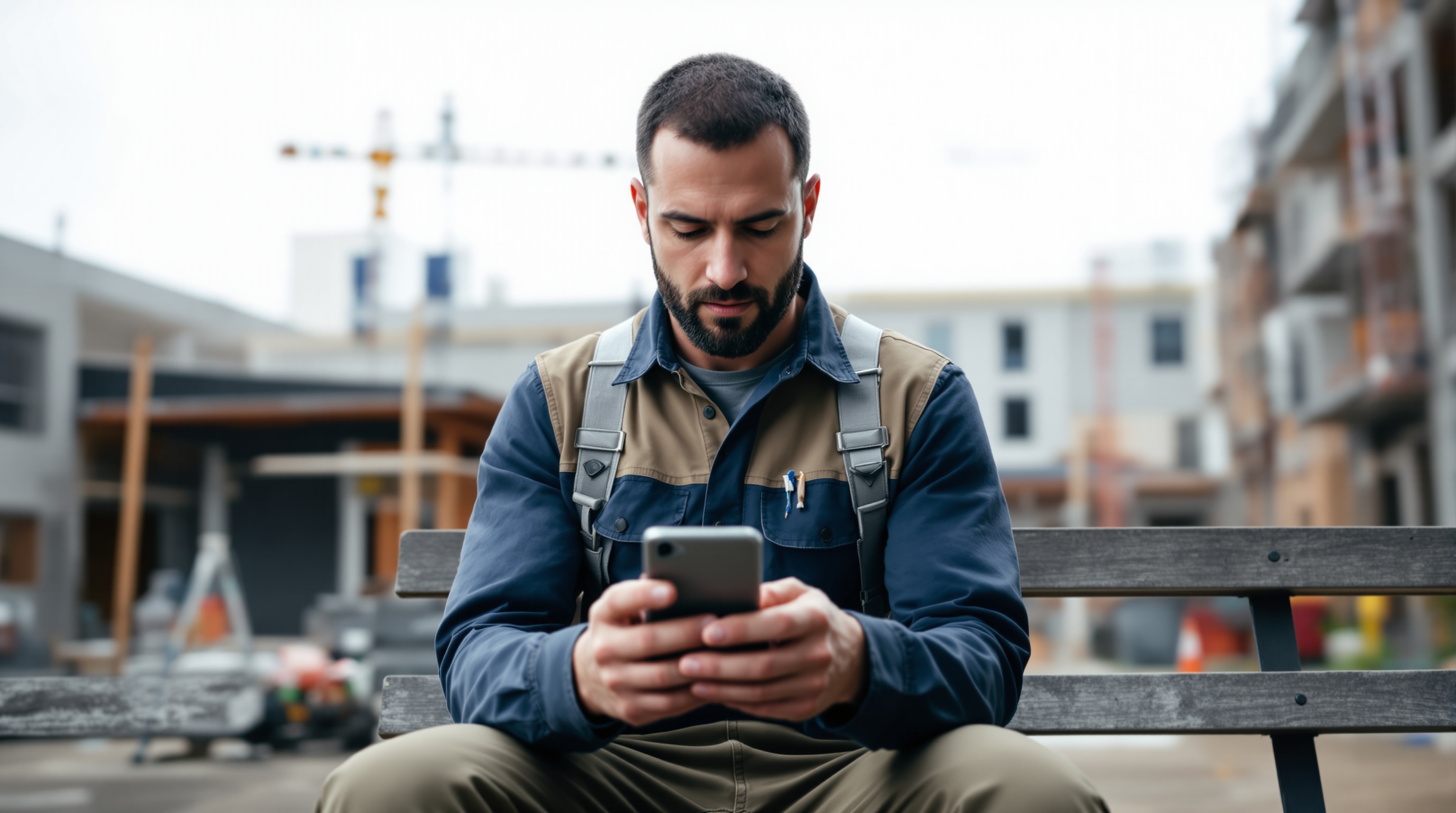 Handwerker scrollt auf Smartphone durch Google-Bewertungen auf Baustelle