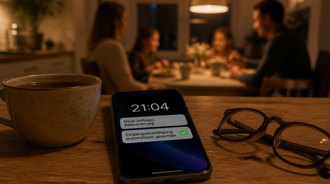 Smartphone auf dem Küchentisch zeigt um 21:04 Uhr eine neue Anfrage zur Badsanierung mit automatischer Eingangsbestätigung