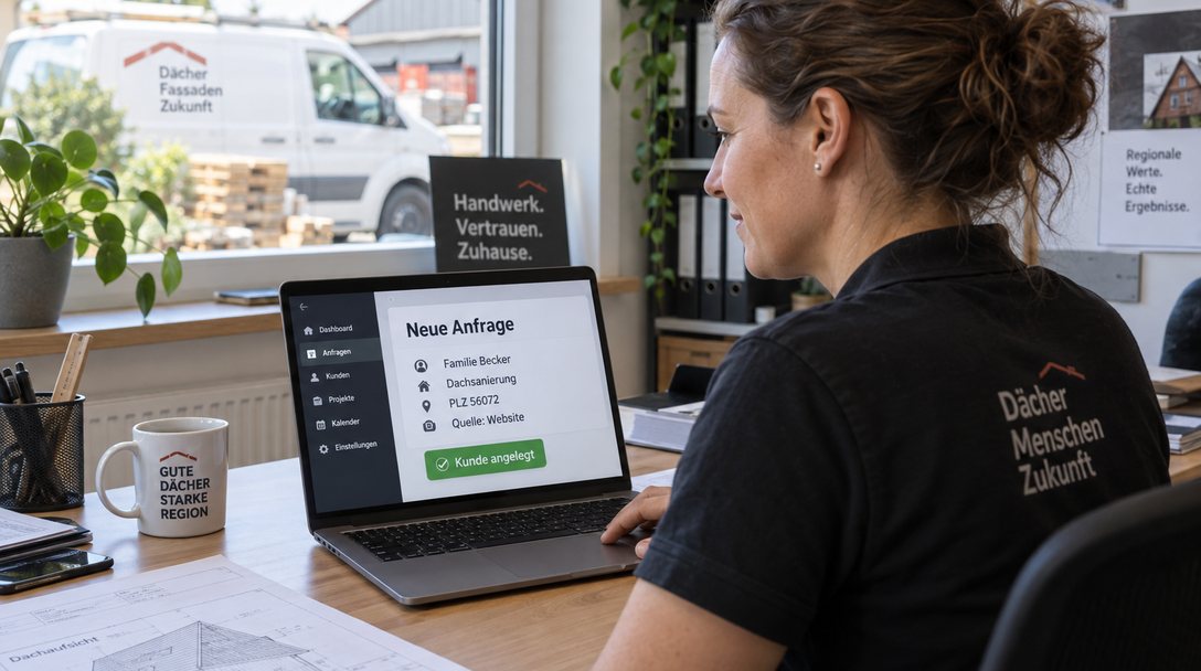 Bürokraft eines Handwerksbetriebs sieht am Laptop eine neue Anfrage von der Website, der Kunde ist automatisch angelegt