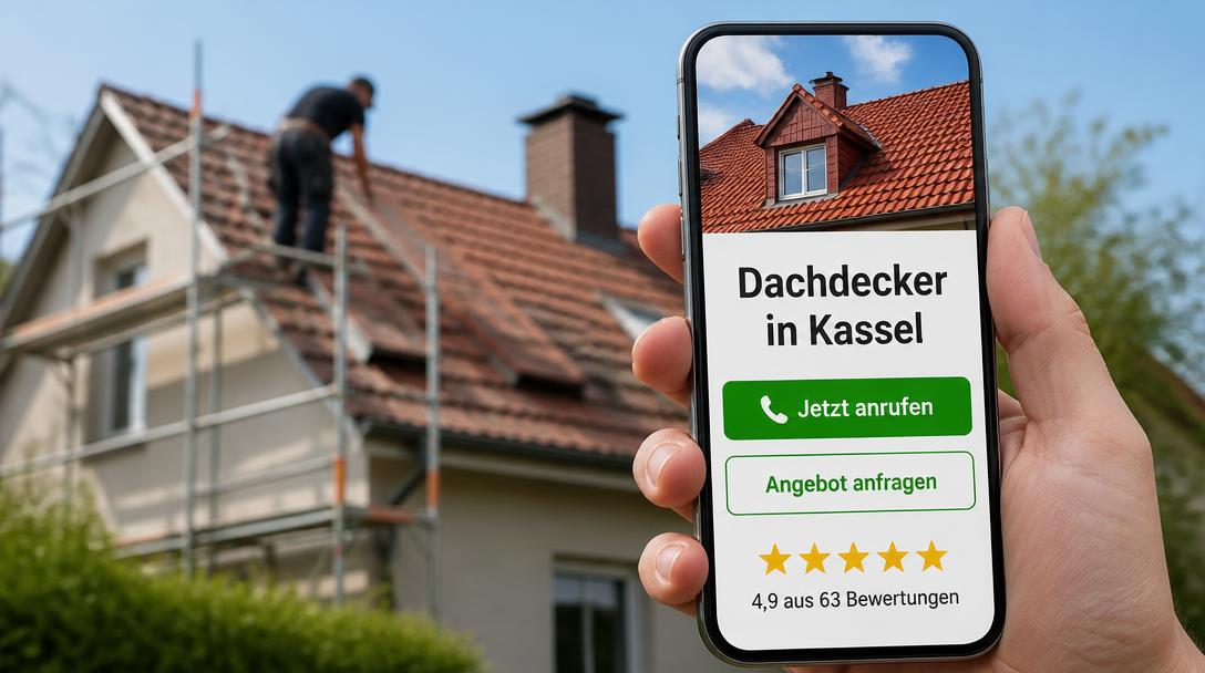 Smartphone zeigt mobile Dachdecker-Website mit Anruf-Button, Anfrage-Button und 4,9 Sternen vor einem eingerüsteten Dach