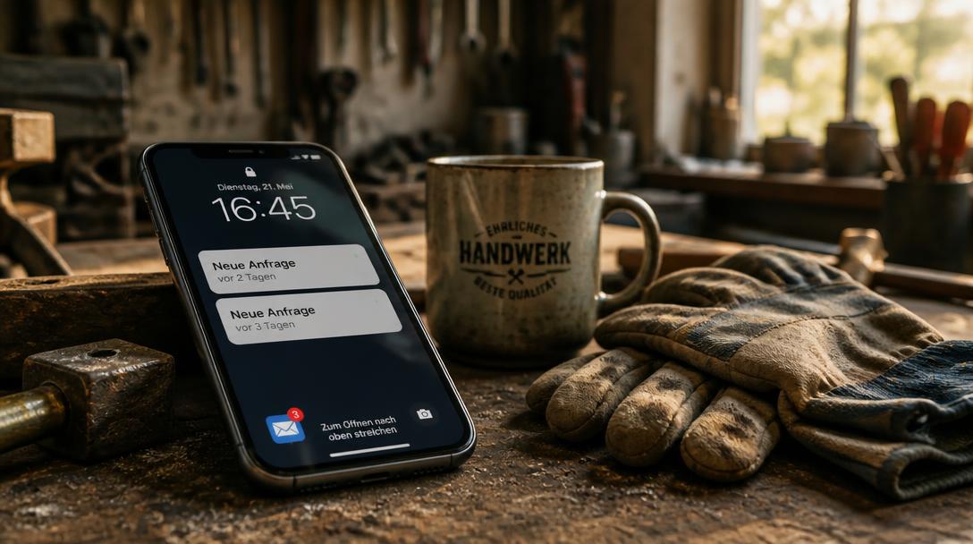 Smartphone auf der Werkbank mit zwei unbeantworteten Anfragen von vor zwei und drei Tagen neben Arbeitshandschuhen