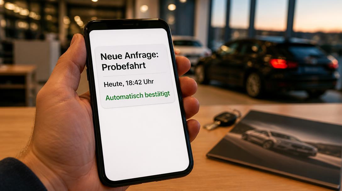 Smartphone am Verkaufstisch zeigt eine neue Probefahrt-Anfrage um 18:42 Uhr mit dem Hinweis automatisch bestätigt