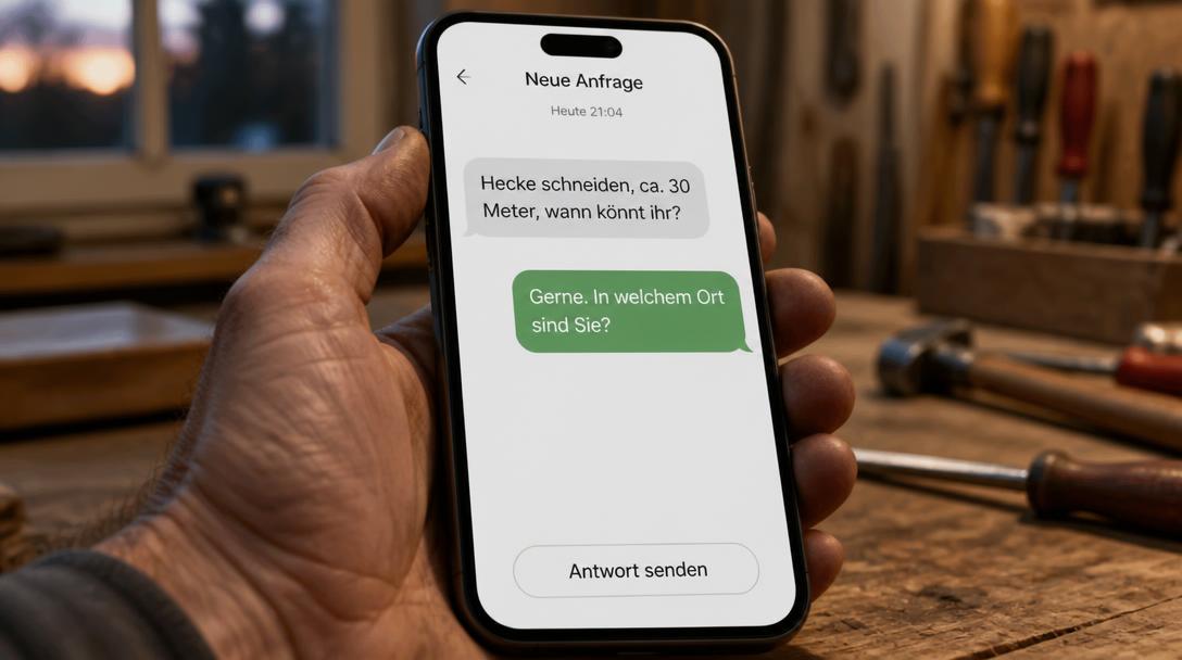Smartphone in Handwerkerhand zeigt eine Kundenanfrage um 21:04 Uhr und die automatische Antwort des KI-Mitarbeiters