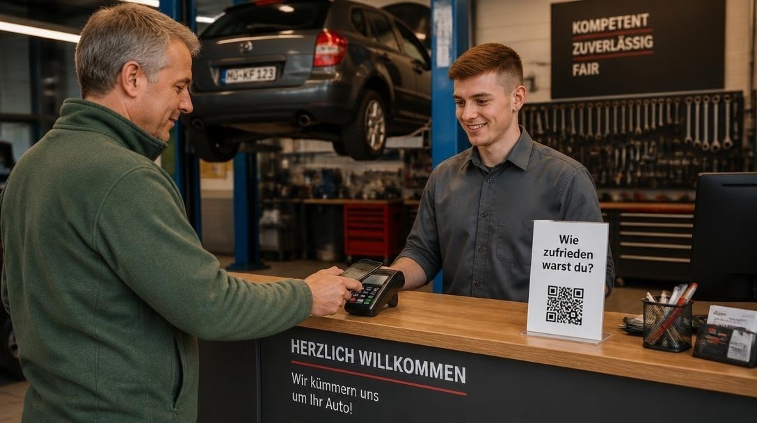 Kunde bezahlt an der Werkstatt-Theke, direkt neben dem Kartenterminal steht ein Aufsteller mit QR-Code