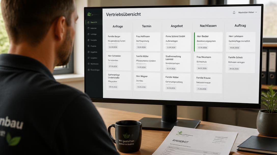 CRM-Pipeline am Monitor mit den Spalten Anfrage, Termin, Angebot, Nachfassen und Auftrag eines Gartenbaubetriebs