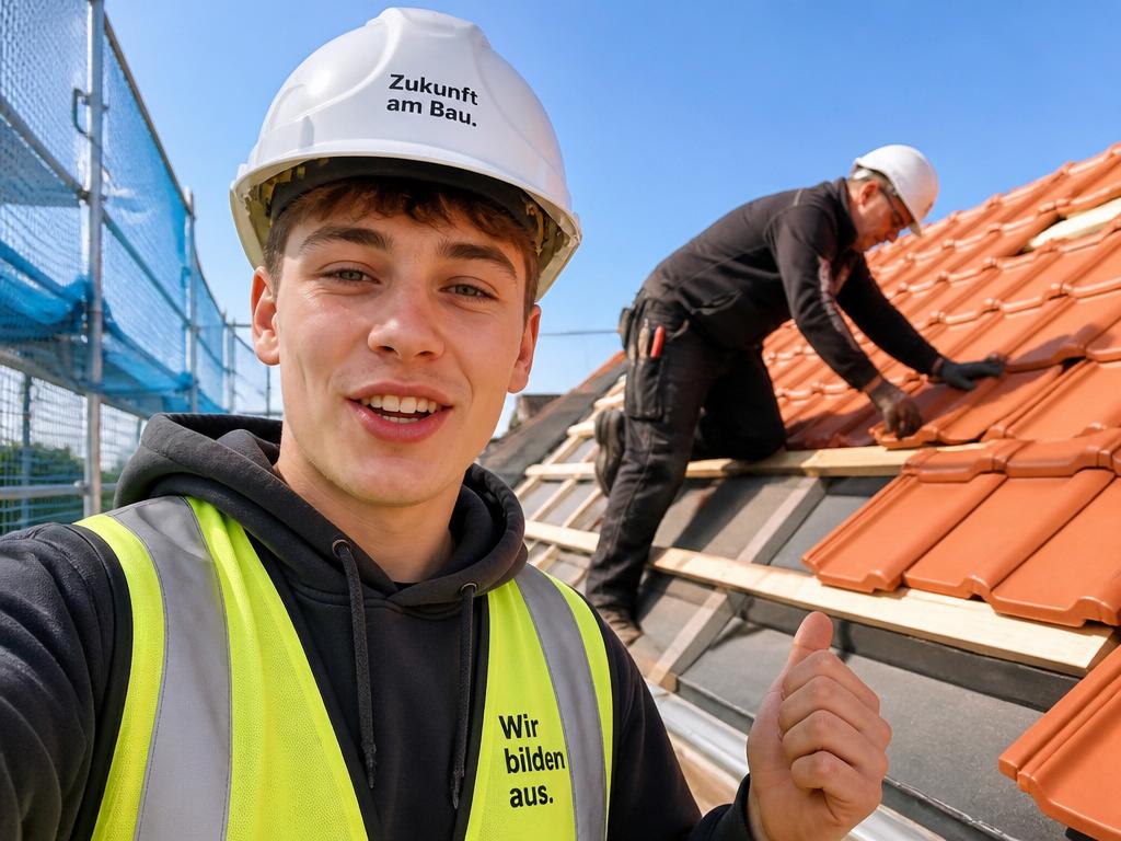 Junger Azubi in Warnweste filmt Selfie-Video auf Baustelle, Dachdecker arbeitet im Hintergrund