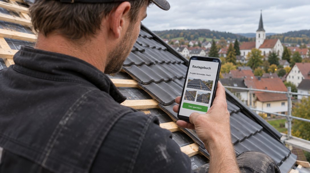 Dachdecker fotografiert auf dem Dach seine Arbeit mit dem Smartphone für das digitale Bautagebuch