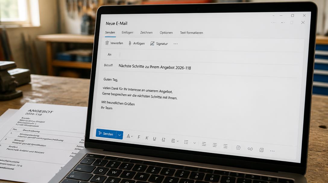 E-Mail-Entwurf am Laptop mit der Betreffzeile Nächste Schritte zu Ihrem Angebot 2026-118 und blauem Senden-Button