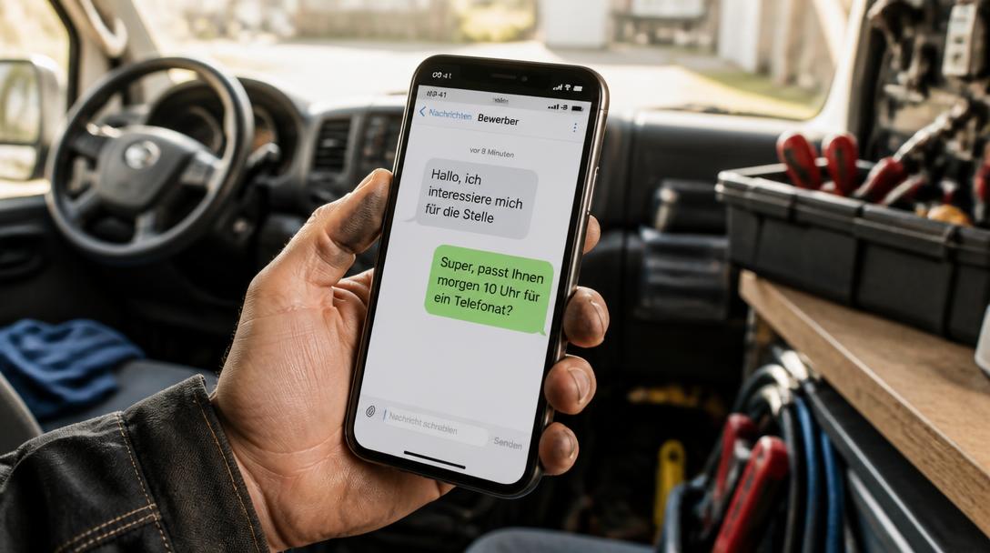 Handwerker antwortet im Firmenwagen per Nachricht auf eine Bewerbung und schlägt einen Telefontermin vor