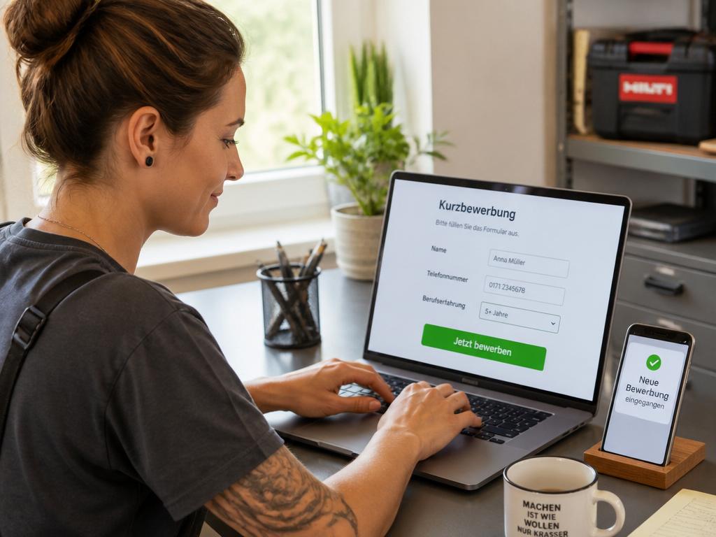 Handwerkerin füllt Online-Kurzbewerbung am Laptop aus, Smartphone zeigt Benachrichtigung Neue Bewerbung eingegangen