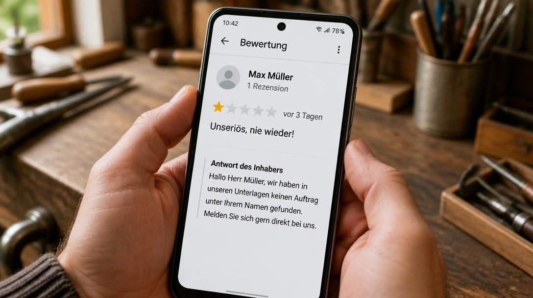 Smartphone zeigt eine 1-Sterne-Google-Bewertung mit sachlicher Antwort des Inhabers, der keinen passenden Auftrag findet