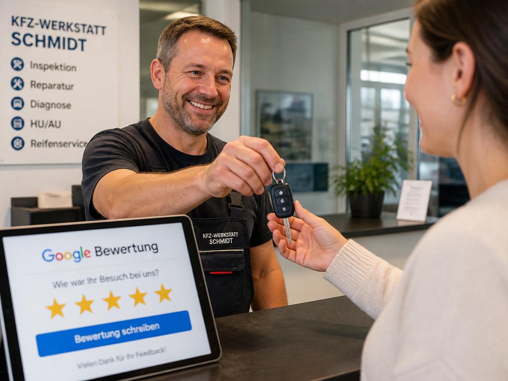 KFZ-Mechaniker übergibt Autoschlüssel an Kunden, im Vordergrund Tablet mit Google-Bewertungsinterface und 5 Sternen