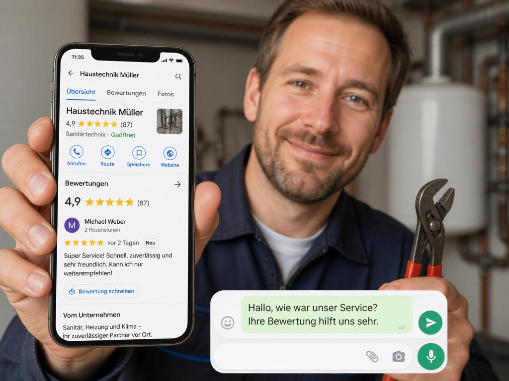 Smartphone zeigt Google Unternehmensprofil mit 4,9 Sterne und 87 Bewertungen sowie automatisierte WhatsApp-Nachricht