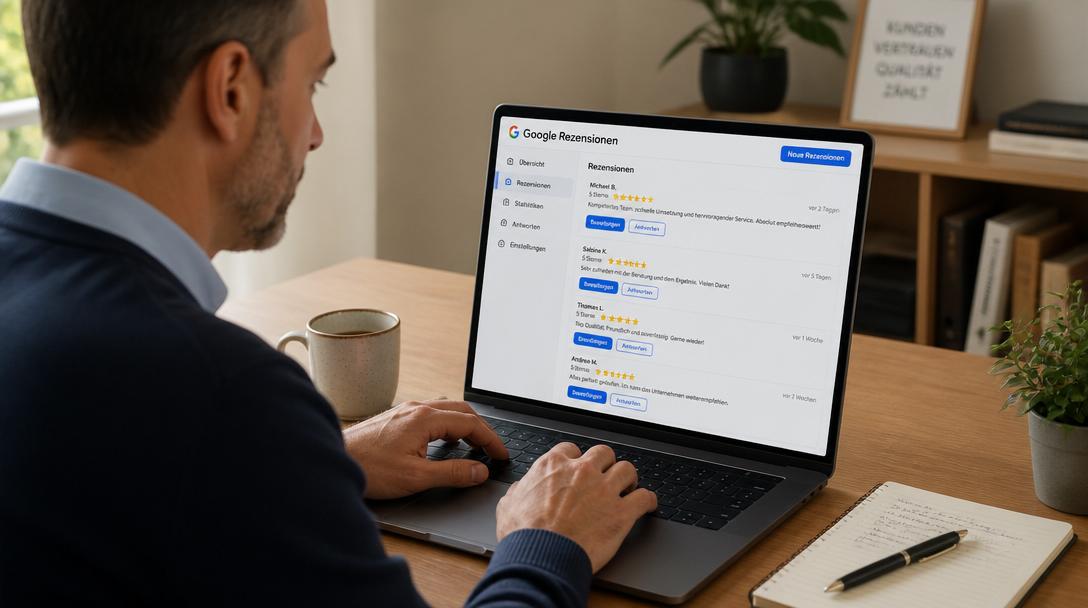 Laptop zeigt Google Rezensionen Dashboard mit Antworten Buttons und mehreren 5 Sterne Bewertungen