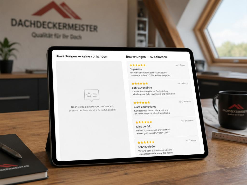 Website-Vergleich leere Bewertungs-Sektion gegen Sektion mit 47 Kundenbewertungen eines Dachdecker-Betriebs