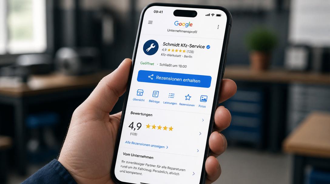 Smartphone zeigt Google Unternehmensprofil mit Rezensionen erhalten Button und 4,9 Sterne Bewertungen
