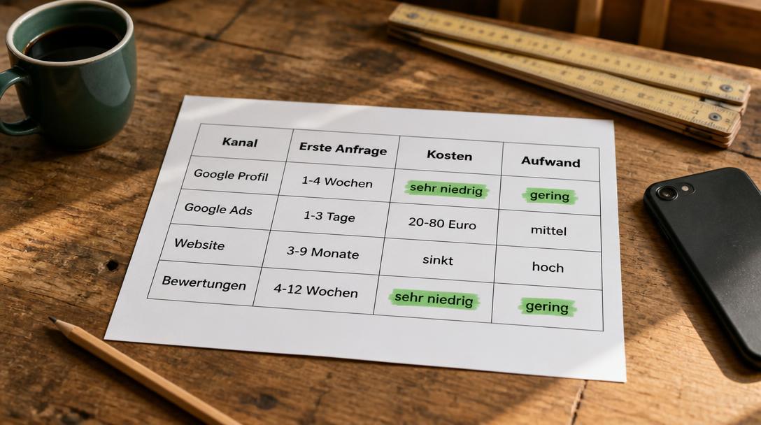 Ausgedruckte Vergleichstabelle auf Werkstatttisch mit Marketing-Kanälen, Zeit bis zur ersten Anfrage, Kosten und Aufwand