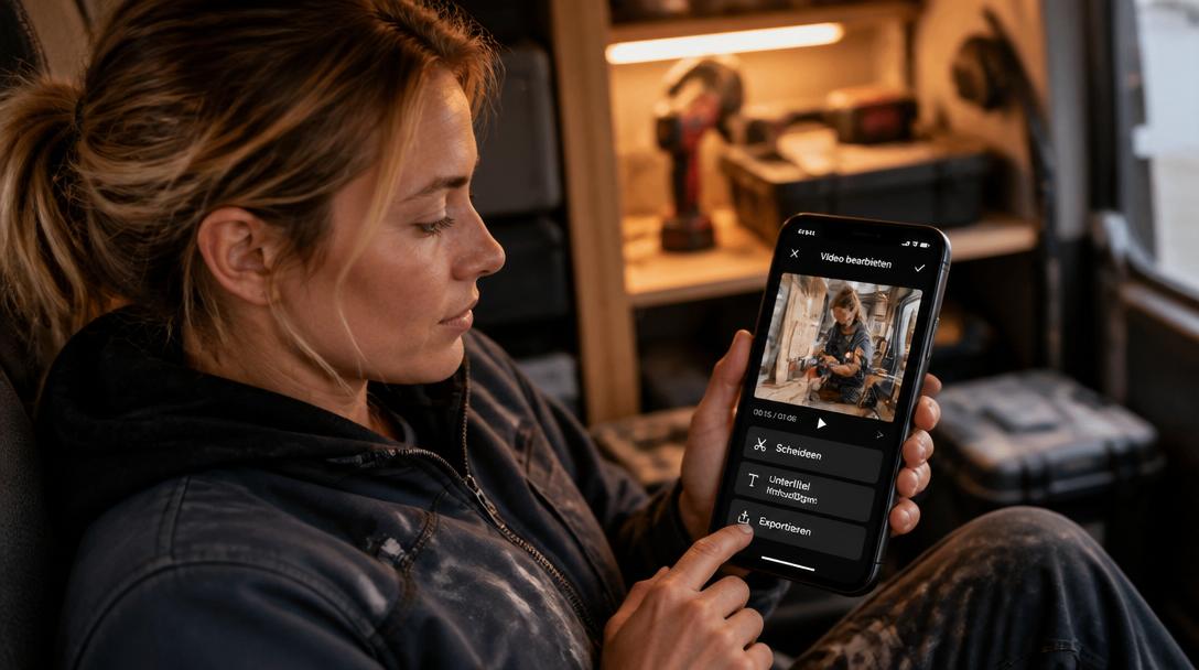 Handwerkerin schneidet im Pausenraum ein kurzes Video auf dem Smartphone, deutsche Schnitt-App mit Untertiteln