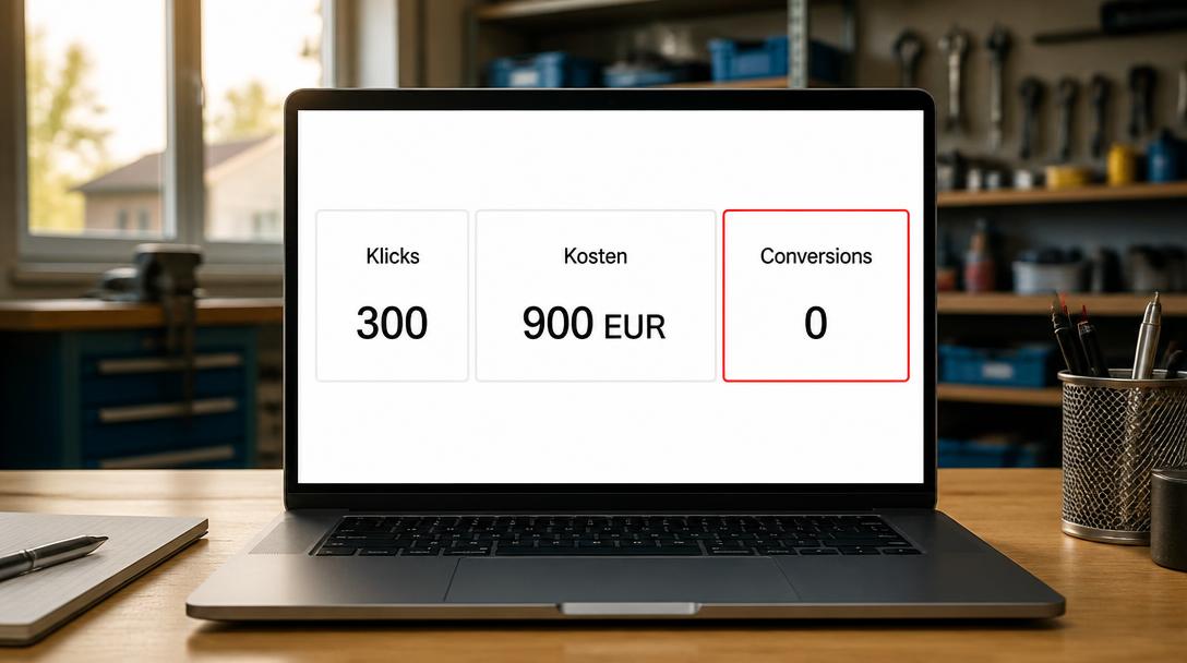 Laptop zeigt Werbestatistik mit 300 Klicks, 900 Euro Kosten und 0 Conversions, rot markiert als fehlendes Tracking