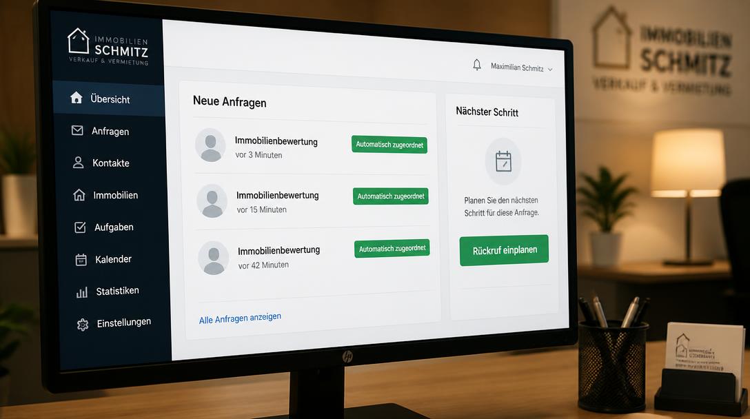 CRM-Dashboard eines Maklerbüros mit drei neuen Anfragen zur Immobilienbewertung und dem Button Rückruf einplanen