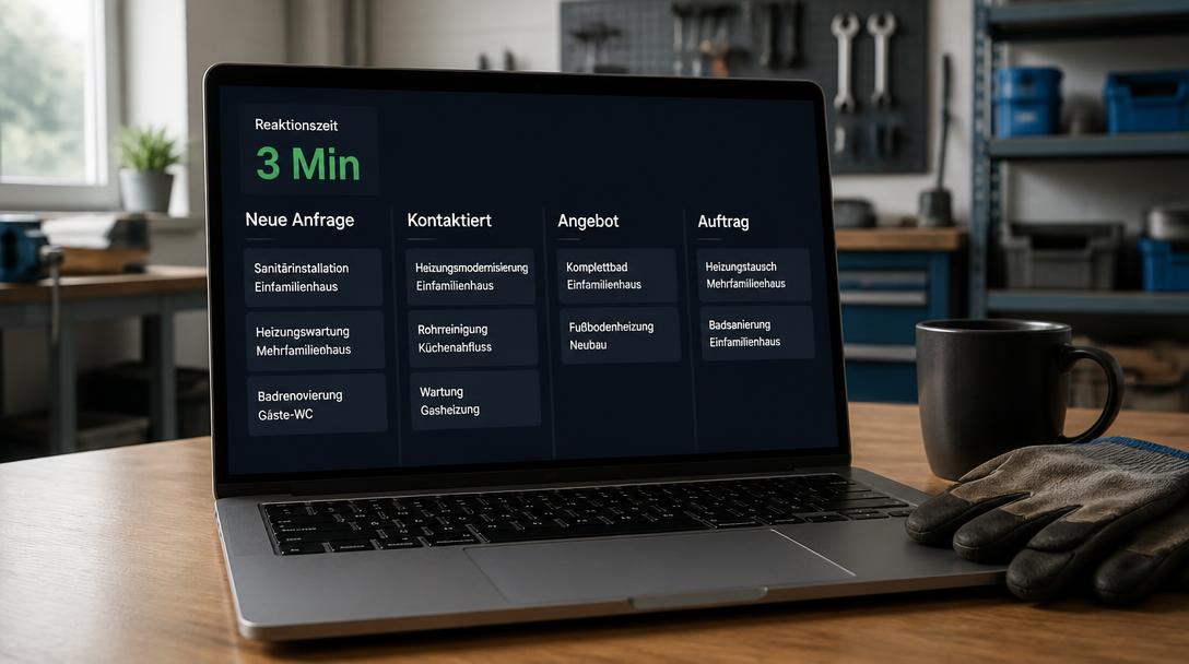 CRM-Dashboard auf einem Laptop mit den Spalten Neue Anfrage bis Auftrag und der Kennzahl Reaktionszeit 3 Min