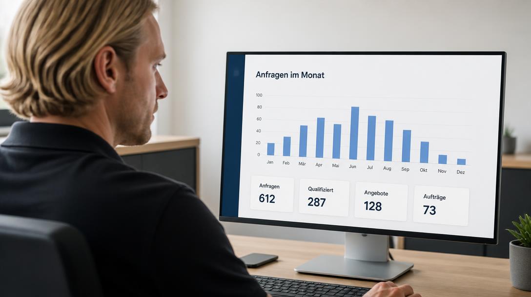 Dashboard Anfragen im Monat mit Balkendiagramm und Kennzahlen zu Anfragen, Angeboten und Aufträgen