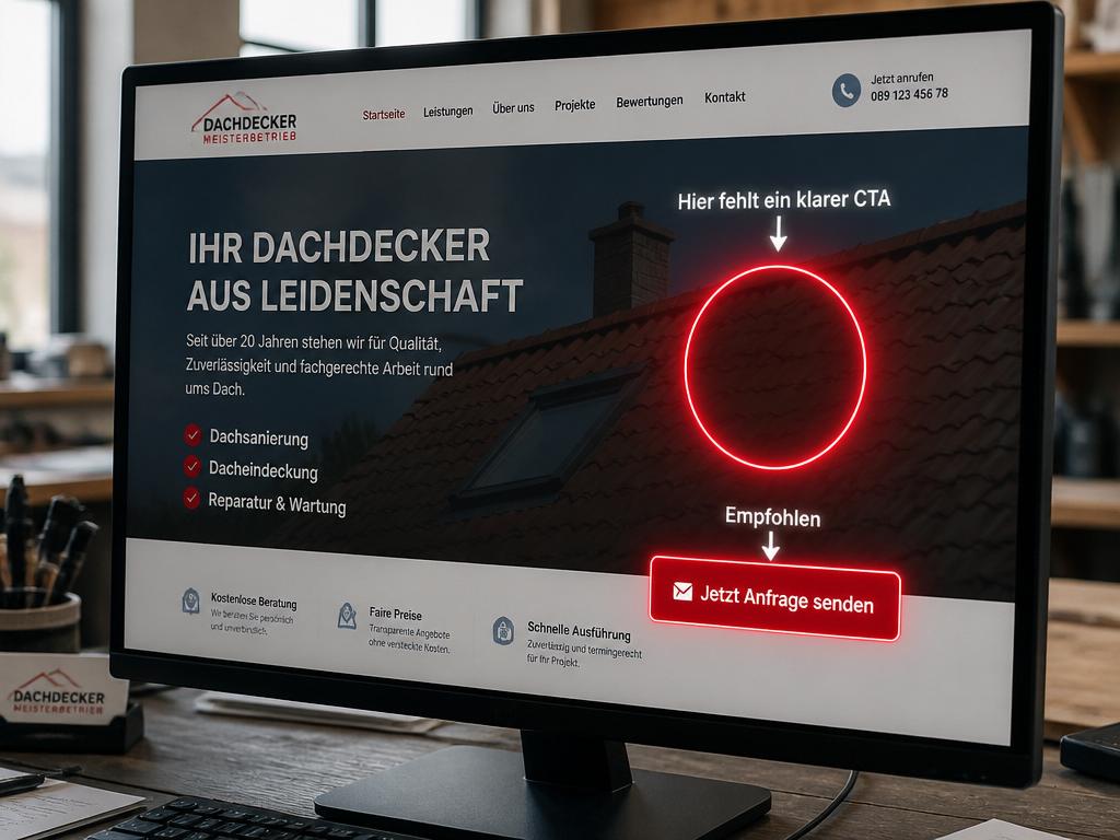 Website-Screenshot mit markiertem fehlenden Call-to-Action und empfohlenem Anfrage-senden-Button