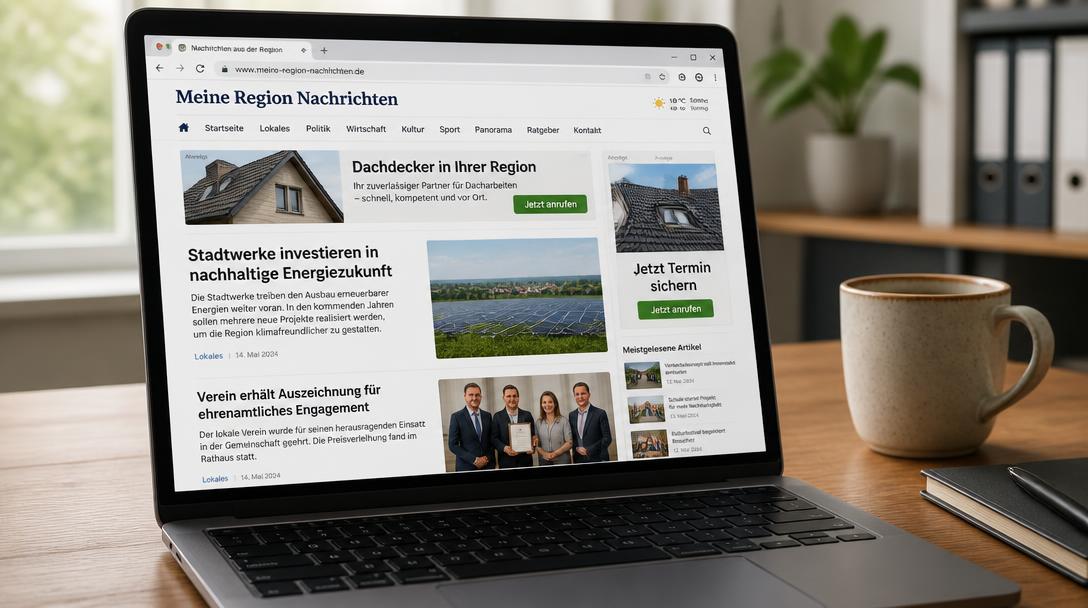 Laptop zeigt eine regionale Nachrichtenseite mit Bannerwerbung eines Dachdeckers im oberen Banner und in der Seitenleiste