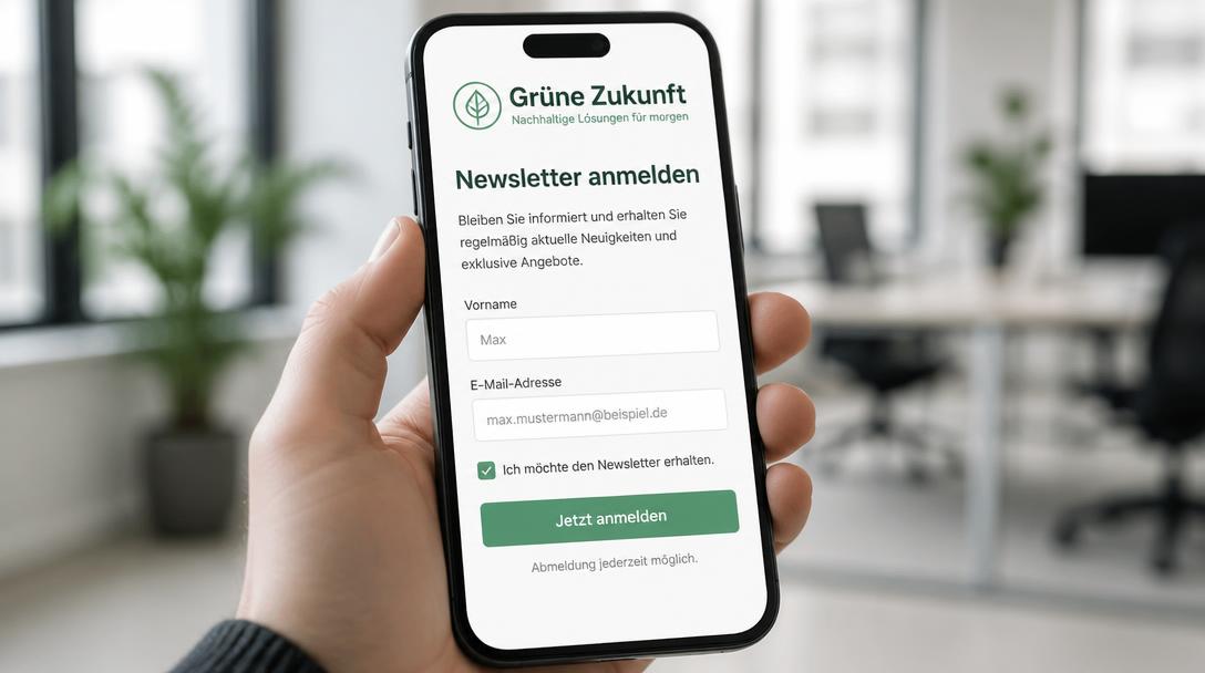 Smartphone zeigt ein Newsletter-Anmeldeformular mit Double-Opt-in-Checkbox und Hinweis zur jederzeitigen Abmeldung