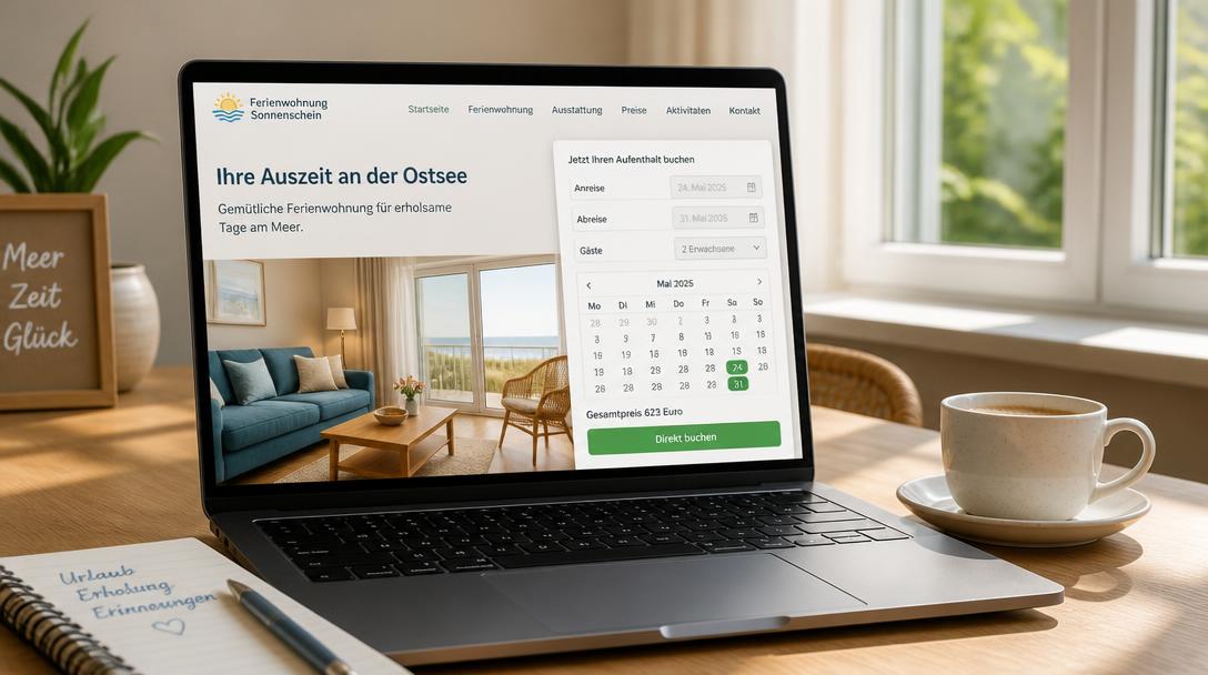 Laptop zeigt die eigene Ferienwohnungs-Website mit Buchungskalender, Gesamtpreis und Button Direkt buchen