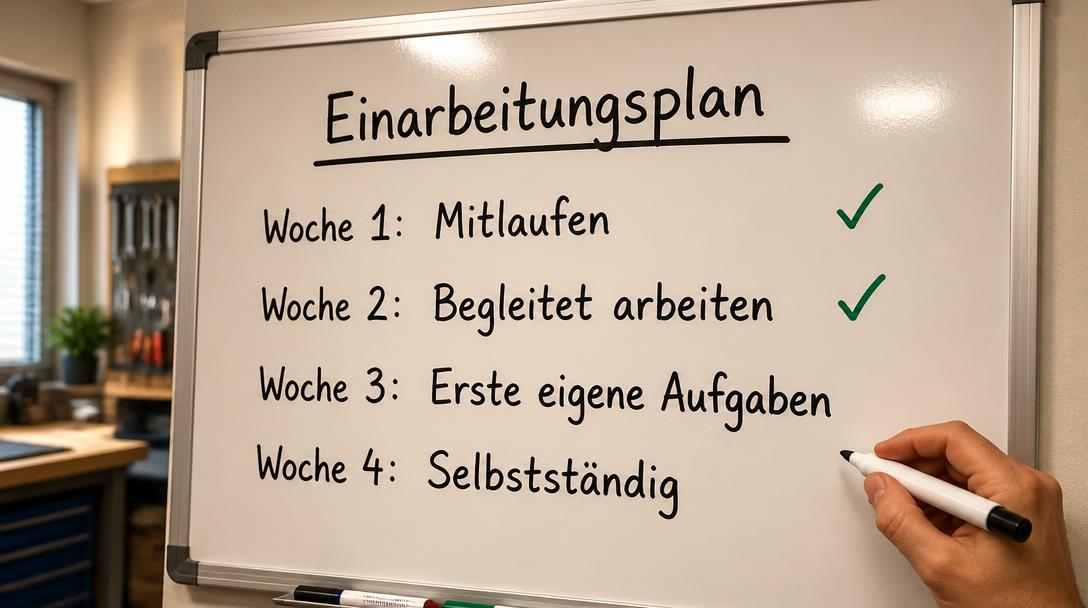 Whiteboard mit Einarbeitungsplan über vier Wochen, Woche 1 und Woche 2 sind bereits abgehakt