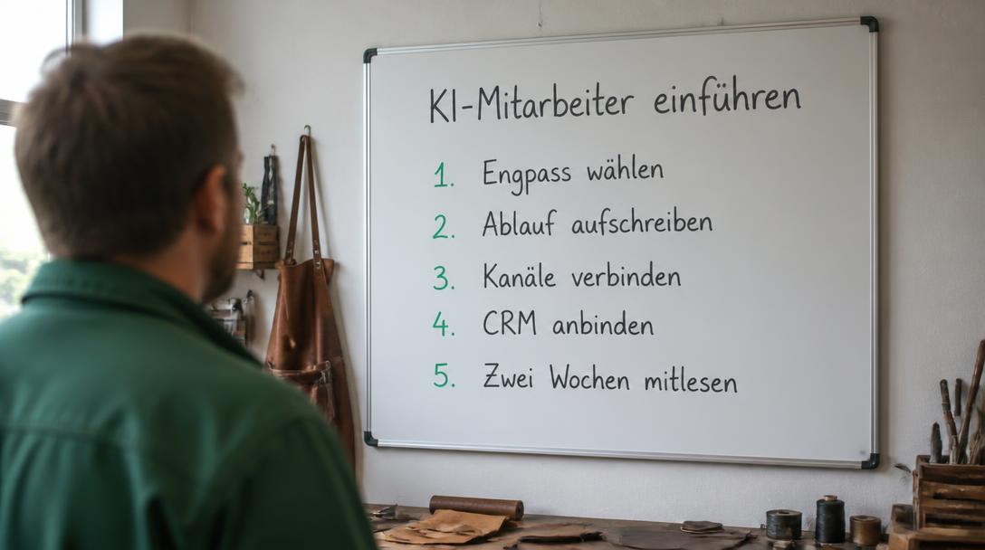 Handwerker im grünen Arbeitskittel vor einem Whiteboard mit fünf Schritten zur Einführung eines KI-Mitarbeiters