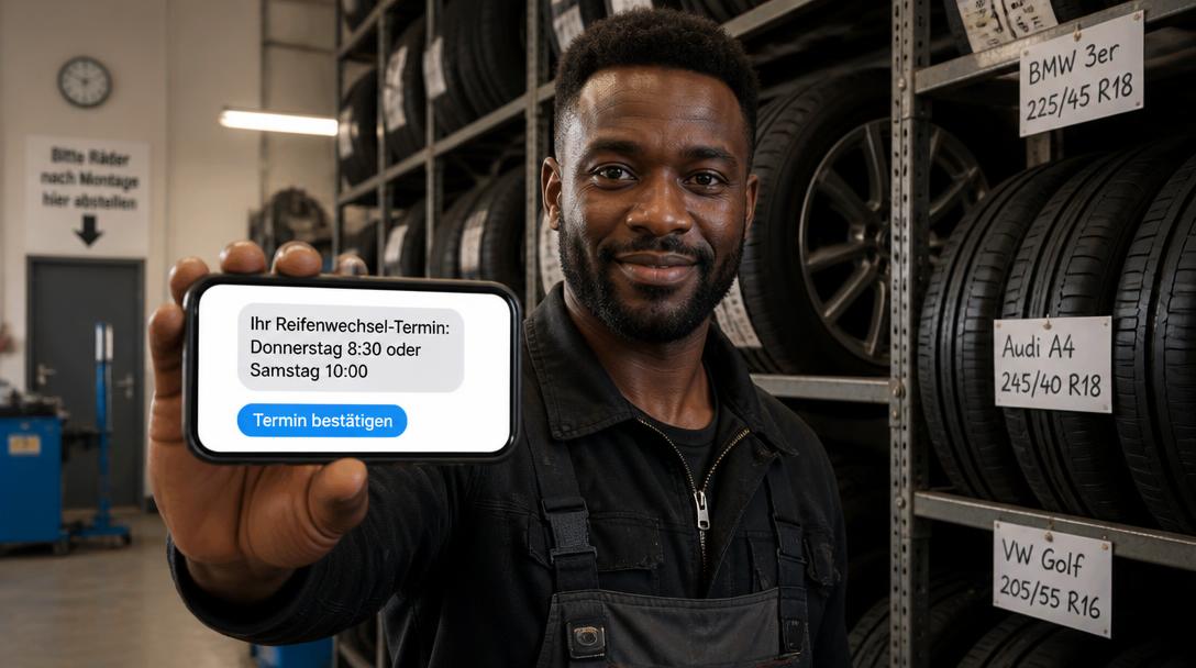 Monteur zeigt auf dem Smartphone eine Terminerinnerung zum Reifenwechsel vor dem Reifenlager der Werkstatt
