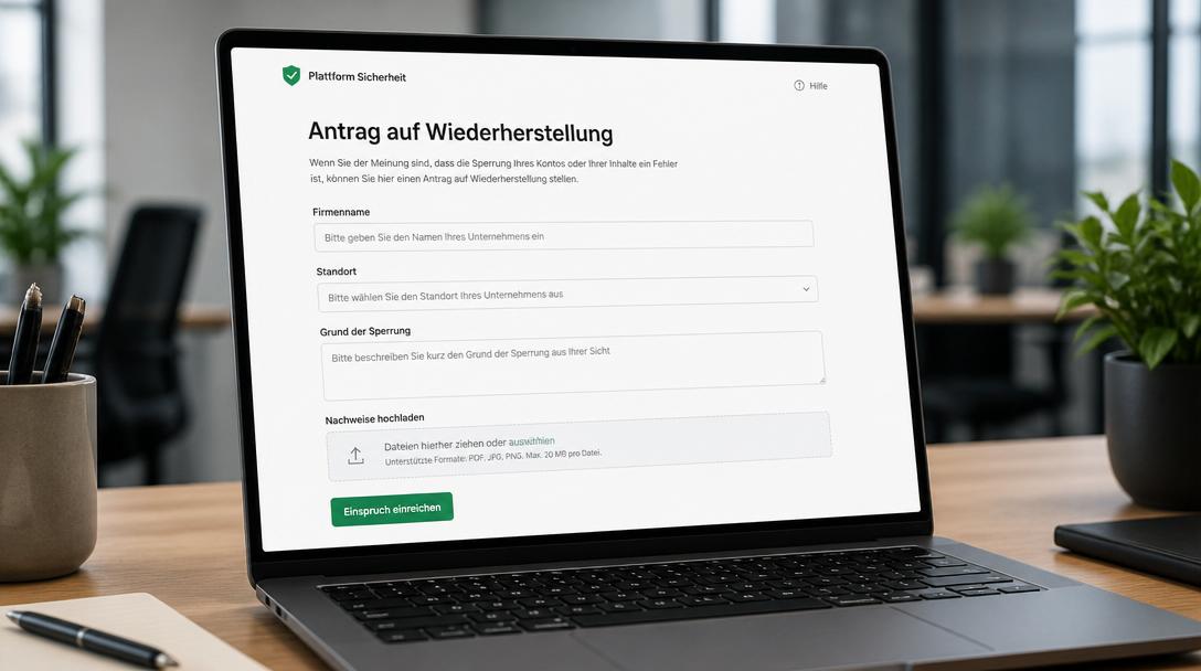 Laptop zeigt Online-Formular Antrag auf Wiederherstellung mit Feldern für Firmenname, Standort und Nachweise hochladen