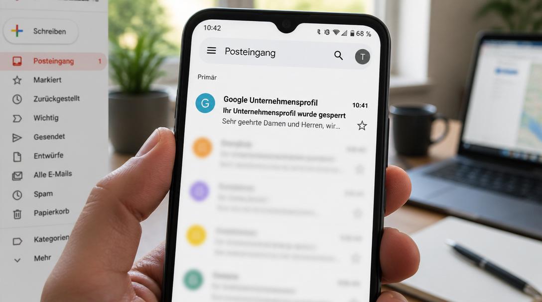 Smartphone zeigt E-Mail-Postfach mit Benachrichtigung von Google Unternehmensprofil: Ihr Unternehmensprofil wurde gesperrt