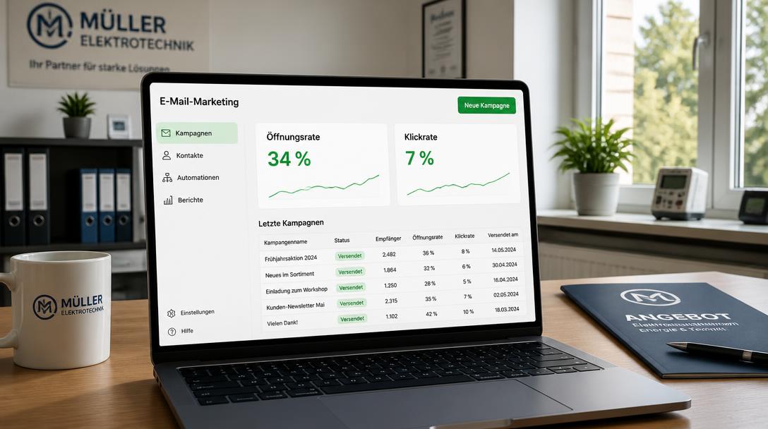 Laptop im Handwerksbüro zeigt ein E-Mail-Marketing-Dashboard mit 34 Prozent Öffnungsrate und den letzten Kampagnen