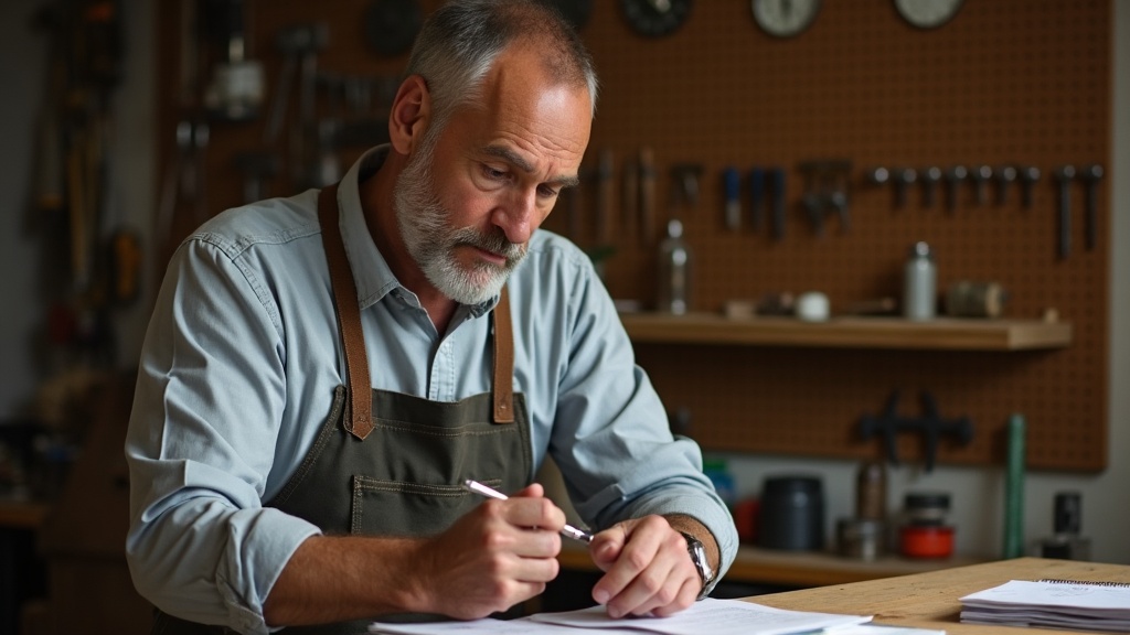 Handwerker am Werkstatt-Schreibtisch schreibt Newsletter-Entwurf, E-Mail und WhatsApp Newsletter für Handwerker vergleichen