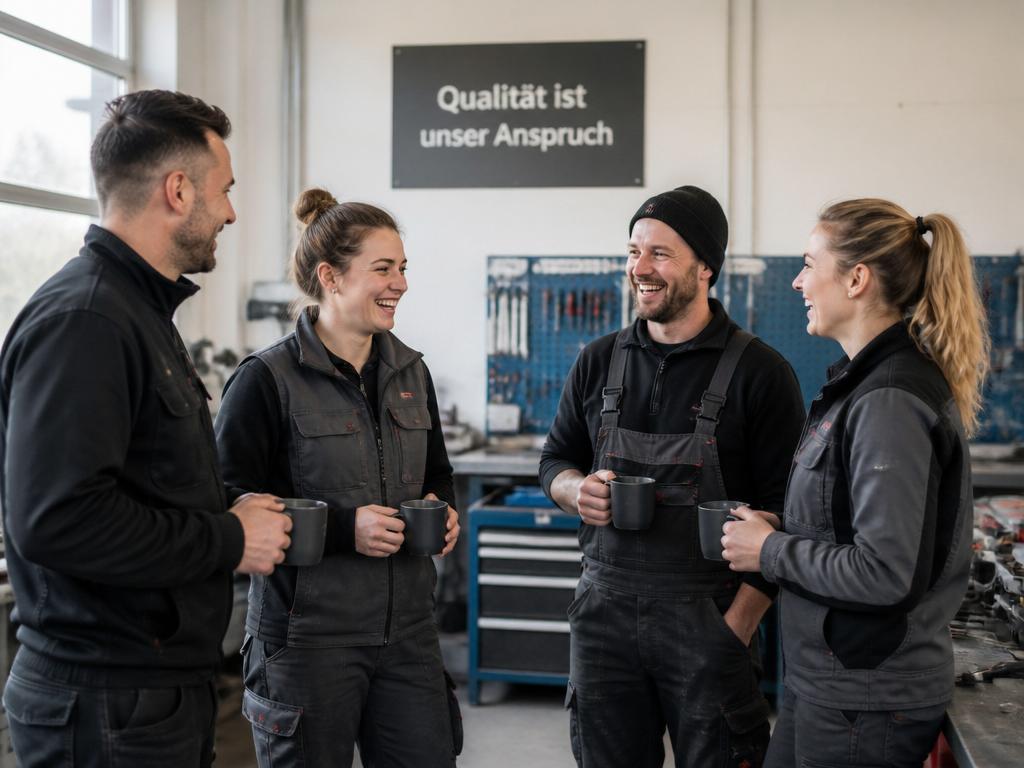Vier Handwerker lachen zusammen bei einer Pause in der Werkstatt – authentisches Teamfoto für Employer Branding im Handwerk