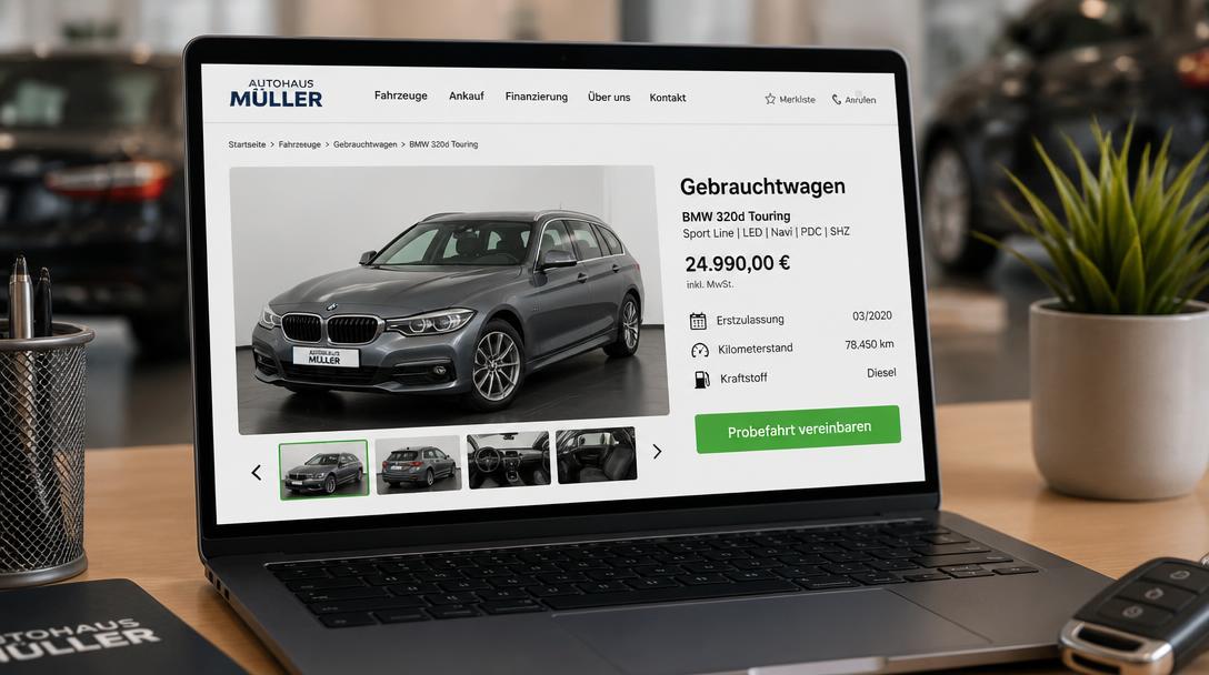 Laptop zeigt Fahrzeugseite eines Autohauses mit Gebrauchtwagen, Eckdaten und grünem Button Probefahrt vereinbaren