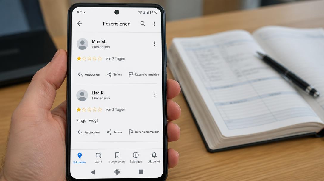 Smartphone zeigt zwei 1-Sterne-Rezensionen von Profilen ohne Foto mit je nur einer Rezension, daneben ein Auftragsbuch