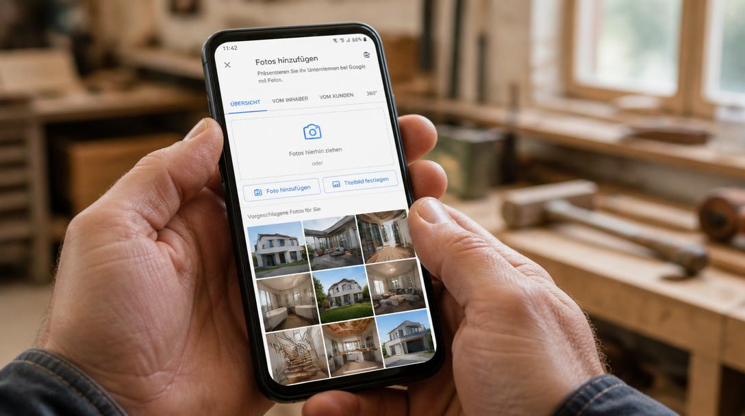 Handwerker hält Smartphone mit geöffnetem Fotos-hinzufügen-Dialog im Google Unternehmensprofil