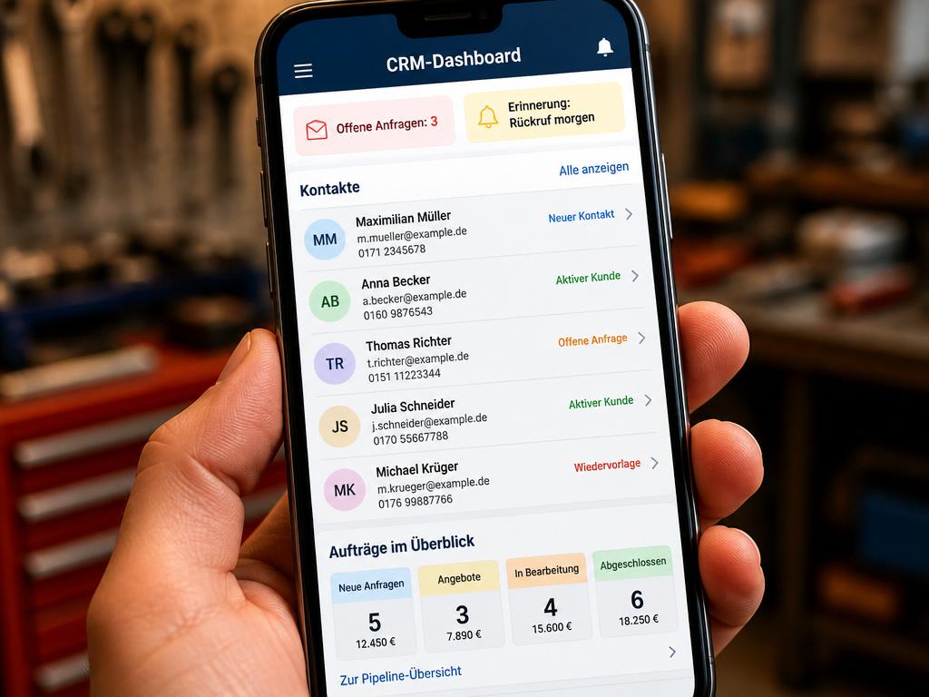 Smartphone-Bildschirm zeigt deutsches CRM-Dashboard mit offenen Anfragen, Kontakten und Auftragsübersicht