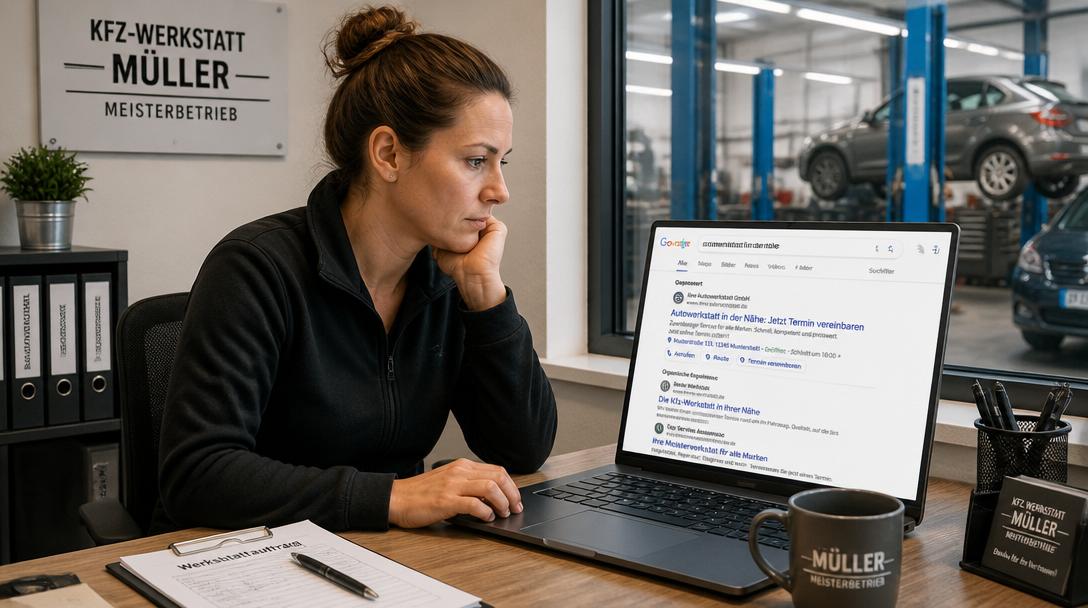Werkstattinhaberin sitzt am Laptop und prüft eine Google-Ads-Anzeige mit dem Text Jetzt Termin vereinbaren
