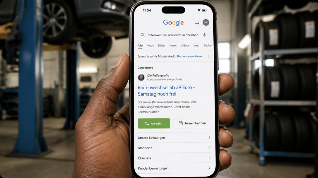 Smartphone zeigt die Google-Suche nach Reifenwechsel in der Nähe mit gesponserter Anzeige einer Werkstatt