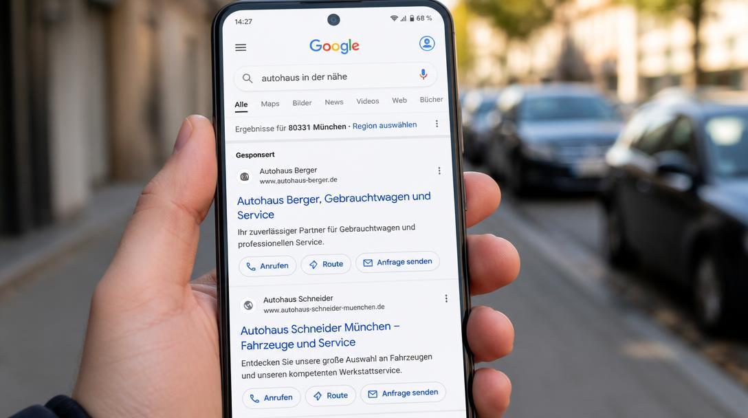 Smartphone zeigt Google-Suche nach Autohaus in der Nähe mit gesponserter Anzeige eines Händlers und Anfrage-Buttons