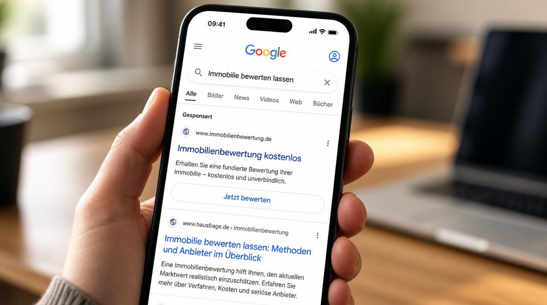 Smartphone zeigt Google-Suche nach Immobilie bewerten lassen mit gesponserter Anzeige für Immobilienbewertung