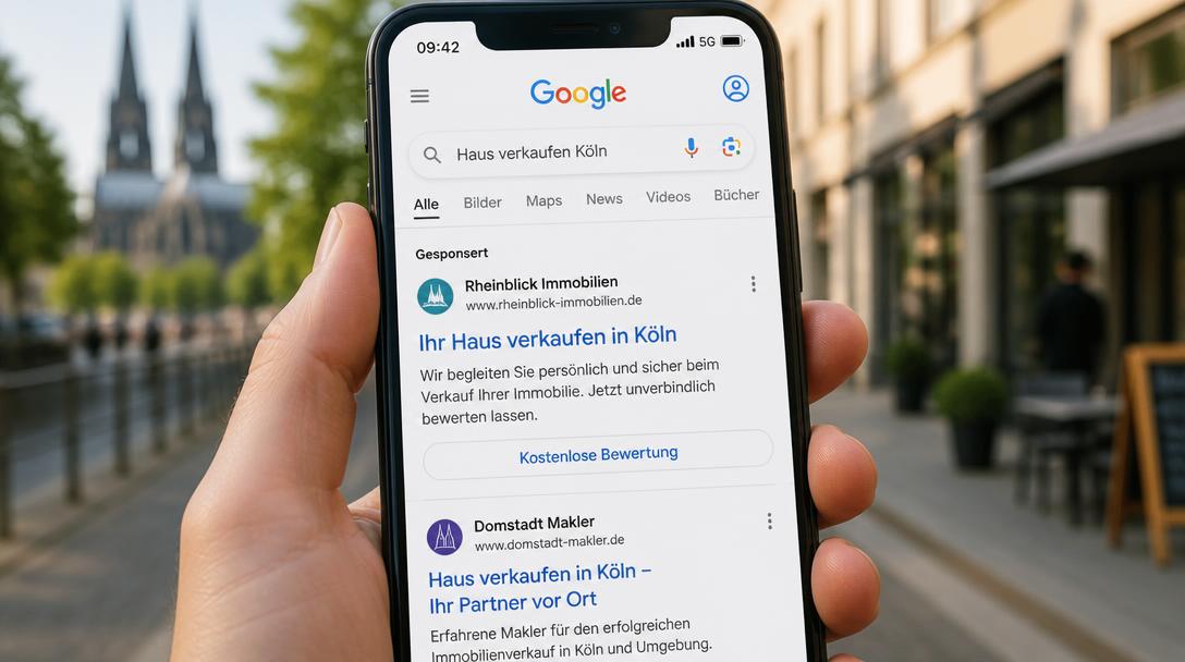Smartphone zeigt Google-Suche nach Haus verkaufen Köln mit gesponserter Anzeige eines Maklers und Button Kostenlose Bewertung